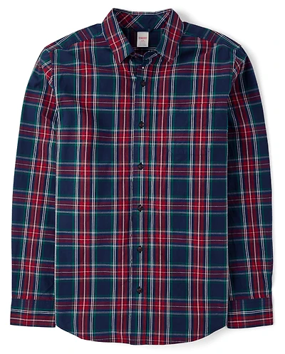 Mens Matching Family Plaid Poplin Button Up Shirt - Royal Christmas