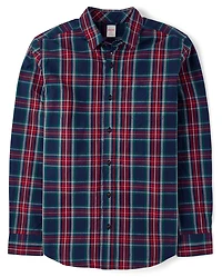 Mens Matching Family Plaid Poplin Button Up Shirt - Royal Christmas