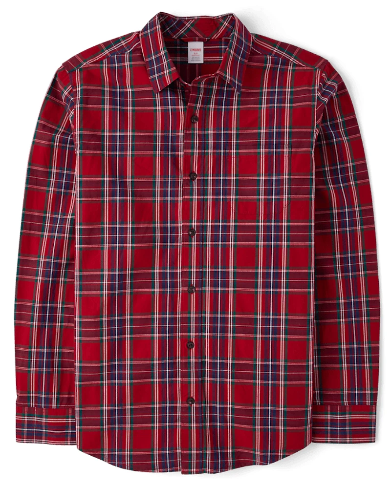 Mens Matching Family Plaid Poplin Button Up Shirt