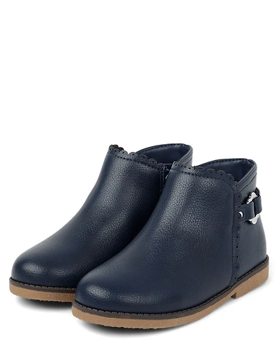Girls Scalloped Flower Buckle Booties