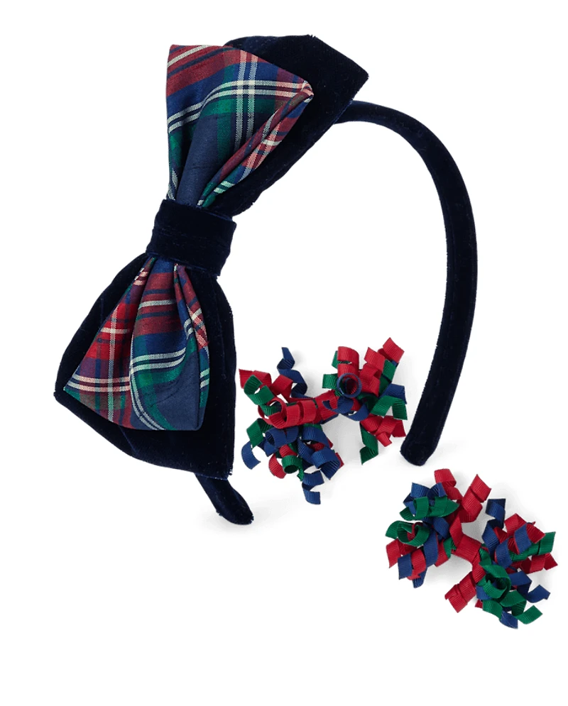 Girls Plaid 3-Piece Hair Set - Royal Christmas