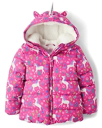 Girls Unicorn Puffer Jacket - Dino Friends