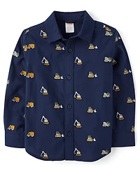 Boys Schiffli Truck Oxford Button Up Shirt - Dino Friends