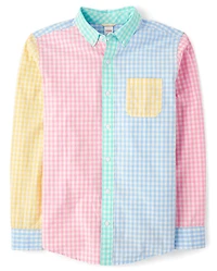 Mens Dad And Me Gingham Colorblock Poplin Button Up Shirt - Garden Party