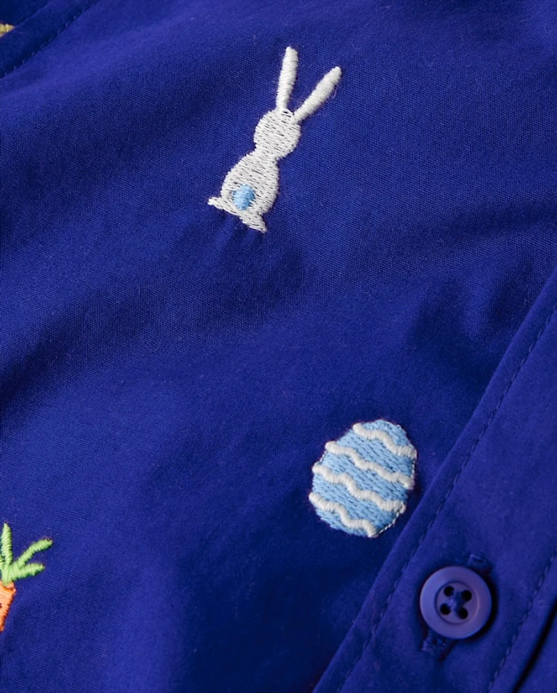 Boys Schiffli Bunny Poplin Button Up Shirt - Blue Belle
