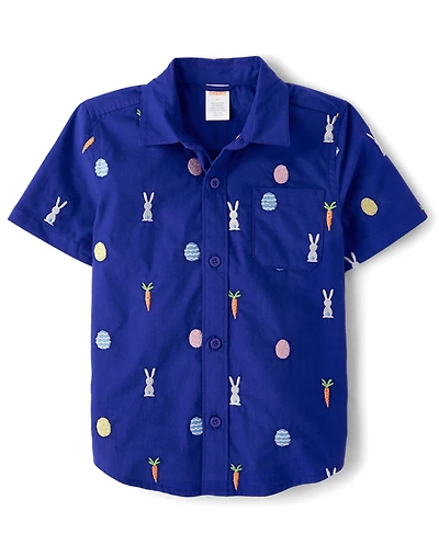 Boys Schiffli Bunny Poplin Button Up Shirt - Blue Belle