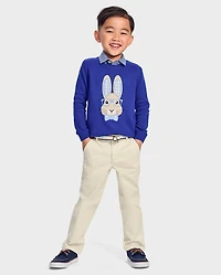 Boys Embroidered Bunny Sweater - Blue Belle