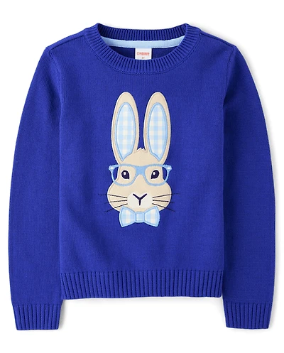 Boys Embroidered Bunny Sweater - Blue Belle
