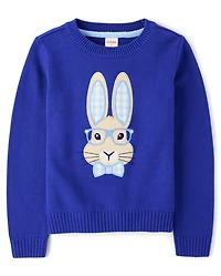 Boys Embroidered Bunny Sweater - Blue Belle