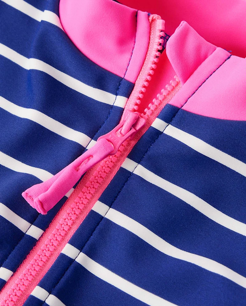Girls Striped Rashguard One Piece Swimsuit - Swim
