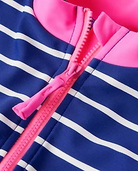 Girls Striped Rashguard One Piece Swimsuit - Swim