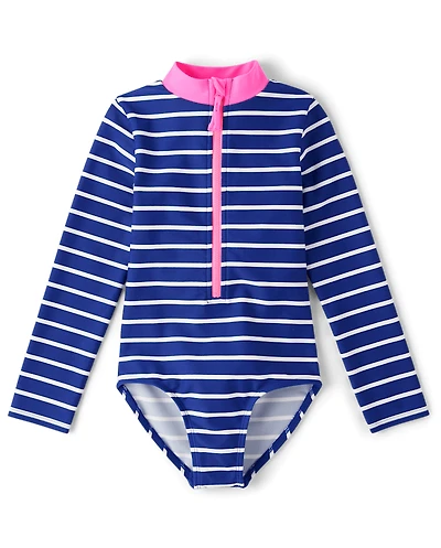 Girls Striped Rashguard One Piece Swimsuit - Swim