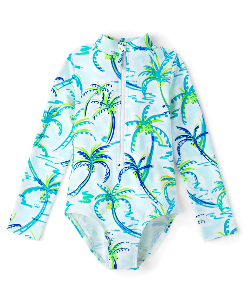 Girls Palm Tree Rashguard One Piece Swimsuit - Swim