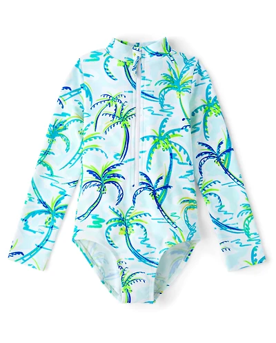 Girls Palm Tree Rashguard One Piece Swimsuit - Swim