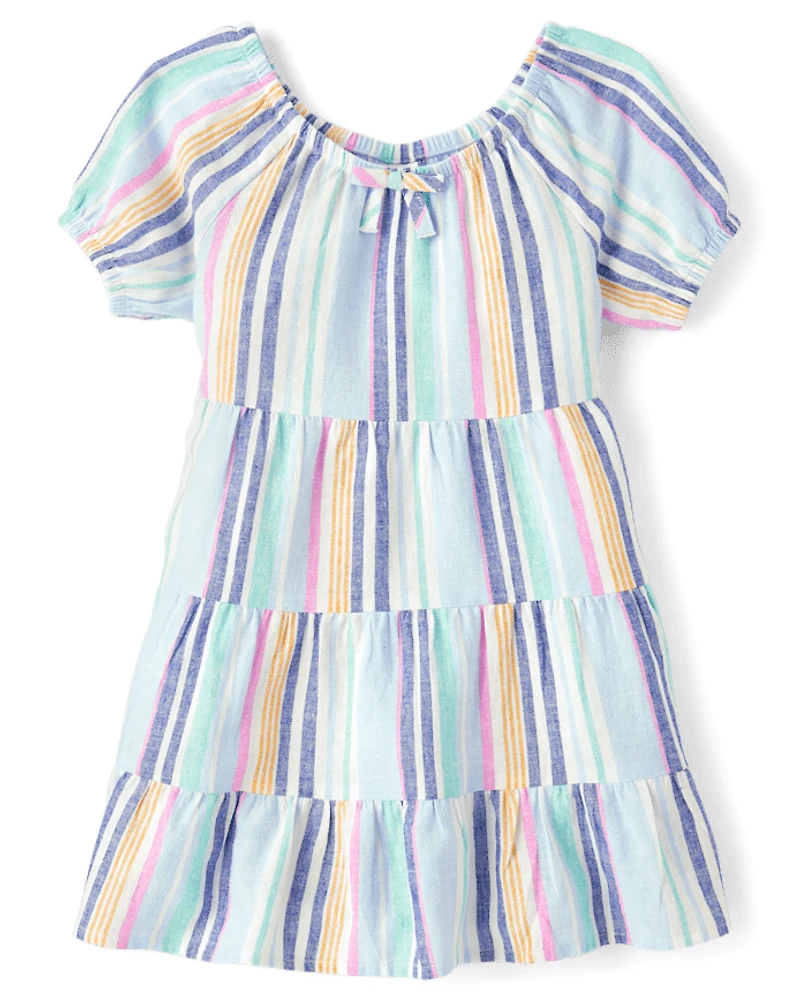 Girls Striped Linen-Blend Tiered Dress - Italian Riviera