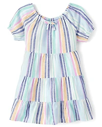 Girls Striped Linen-Blend Tiered Dress - Italian Riviera