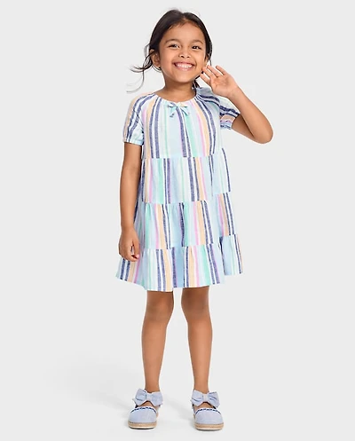 Girls Striped Linen-Blend Tiered Dress - Italian Riviera