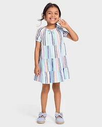 Girls Striped Linen-Blend Tiered Dress - Italian Riviera