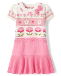 Girls Floral Fairisle Peplum Sweater Dress - Blushing Blooms