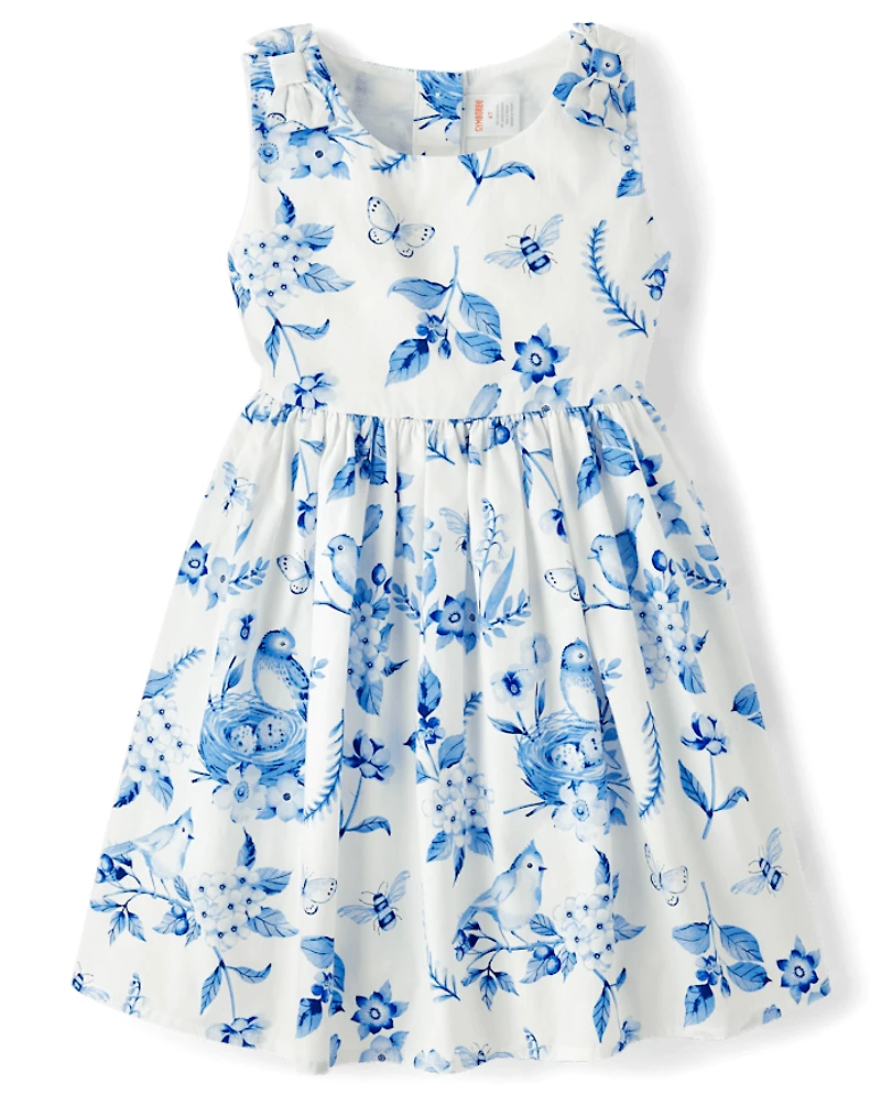 Girls Mommy And Me Floral Bird Bow Fit Flare Dress - Blue Belle