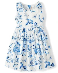 Girls Mommy And Me Floral Bird Bow Fit Flare Dress - Blue Belle