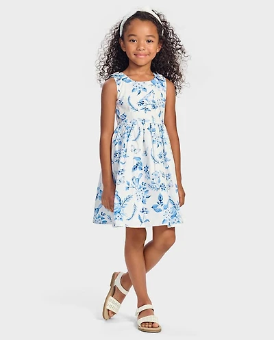 Girls Mommy And Me Floral Bird Bow Fit Flare Dress - Blue Belle