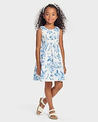 Girls Mommy And Me Floral Bird Bow Fit Flare Dress - Blue Belle