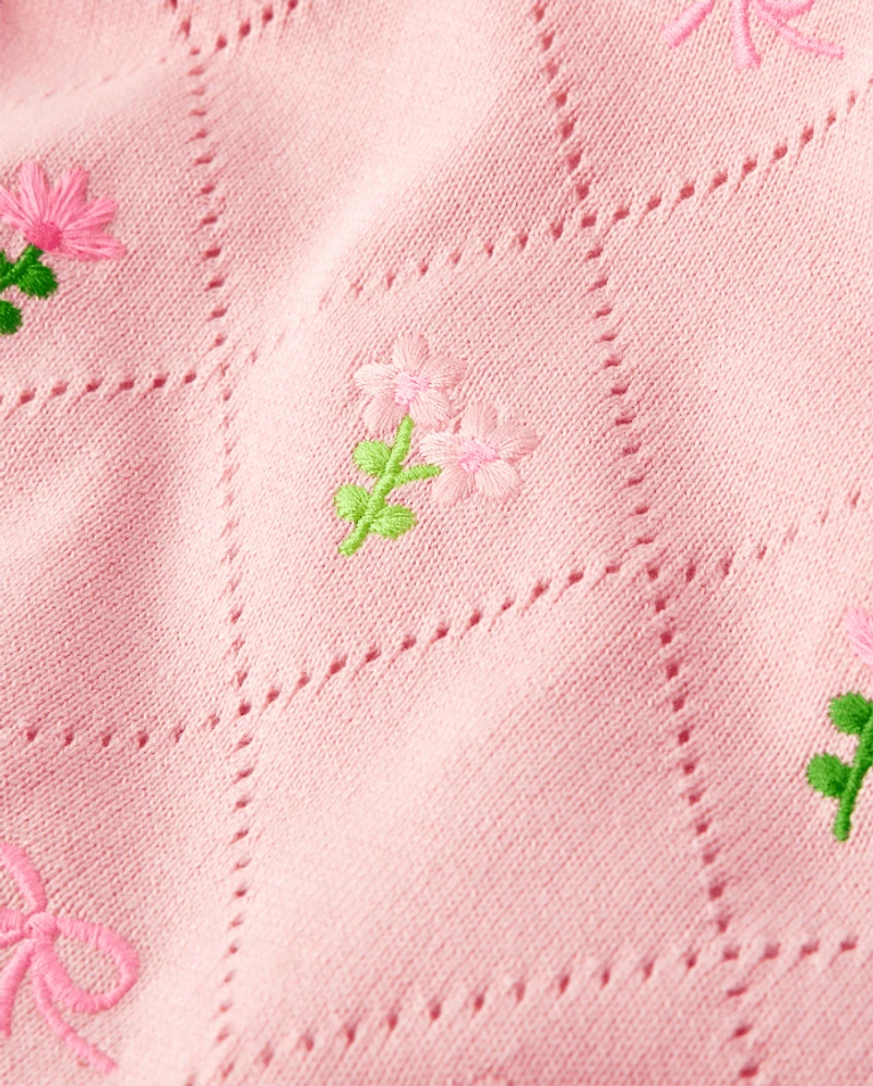 Girls Embroidered Floral Pointelle Sweater - Blushing Blooms