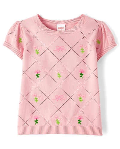Girls Embroidered Floral Pointelle Sweater - Blushing Blooms