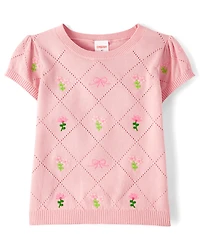 Girls Embroidered Floral Pointelle Sweater - Blushing Blooms