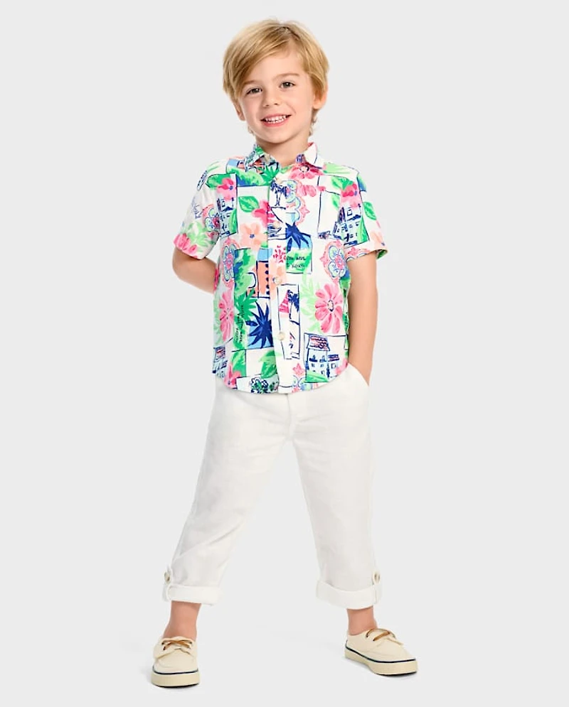 Boys Dad And Me Vacation Linen-Blend Button Up Shirt - Italian Riviera