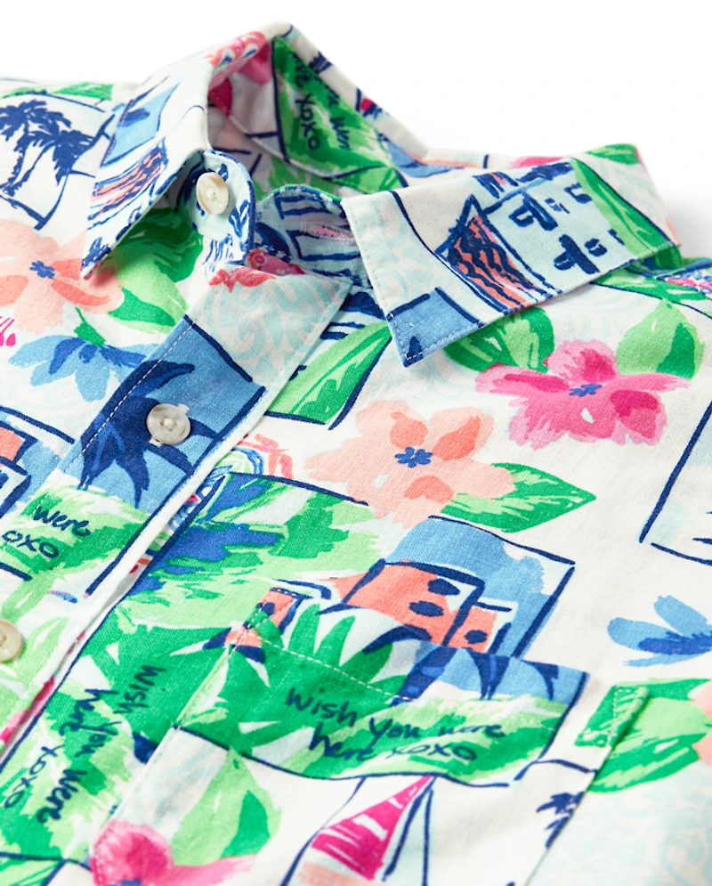 Mens Dad And Me Vacation Linen-Blend Button Up Shirt - Italian Riviera