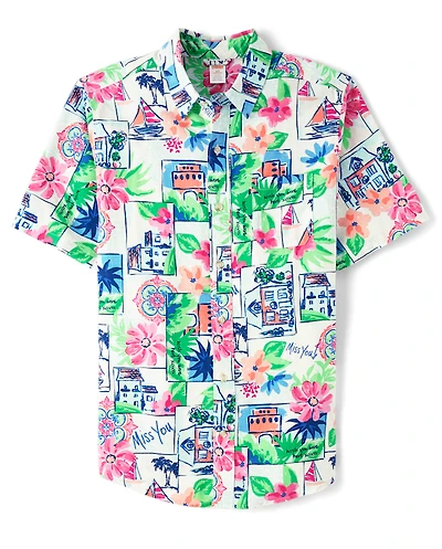 Mens Dad And Me Vacation Linen-Blend Button Up Shirt - Italian Riviera