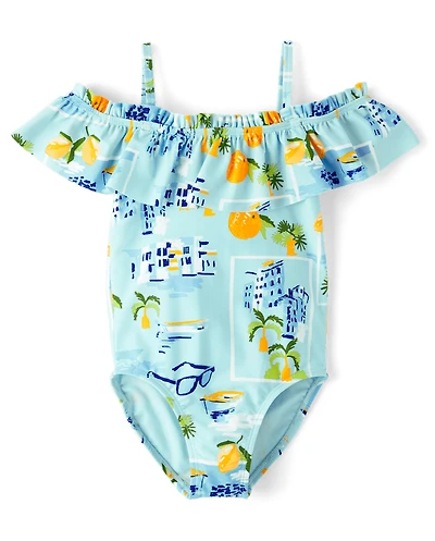 Girls Travel Off Shoulder One Piece Swimsuit - Swim