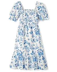 Womens Mommy And Me Floral Bird Tiered Dress - Blue Belle