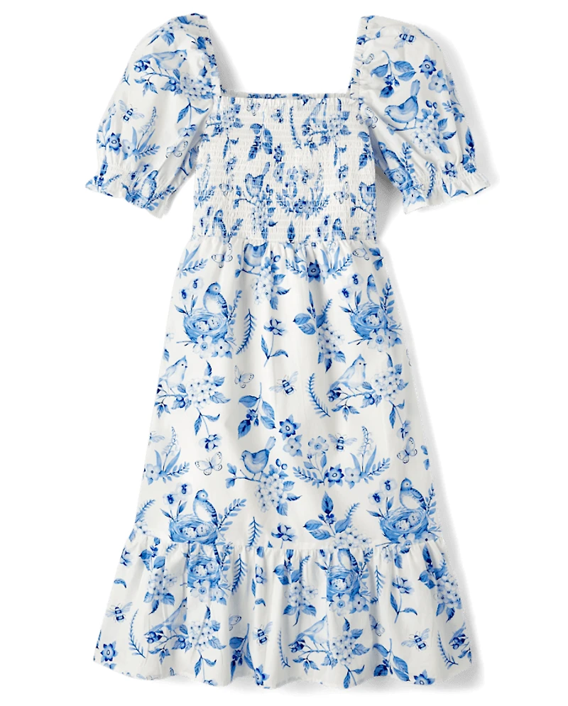 Womens Mommy And Me Floral Bird Tiered Dress - Blue Belle