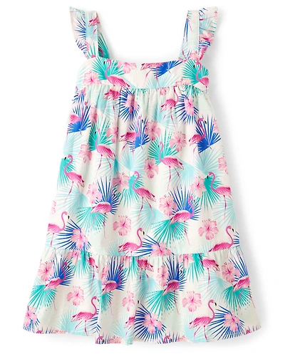 Girls Flamingo Tiered Dress - Swim