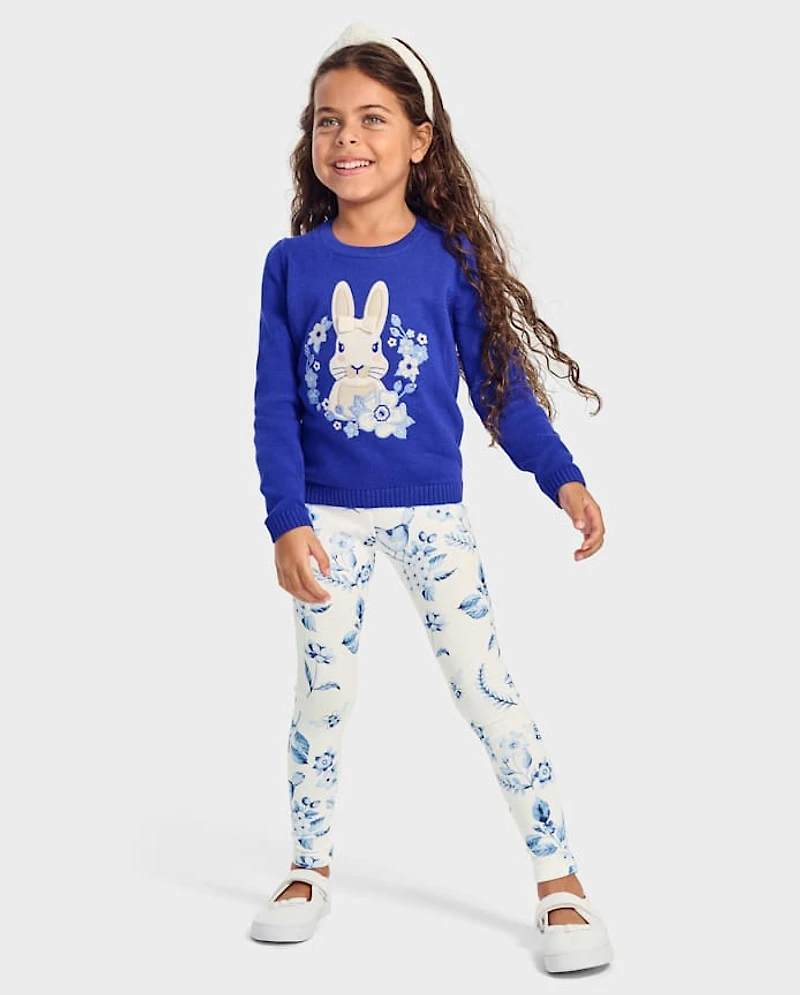 Girls Embroidered Floral Bunny Sweater - Blue Belle