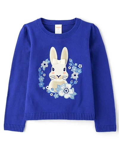 Girls Embroidered Floral Bunny Sweater - Blue Belle