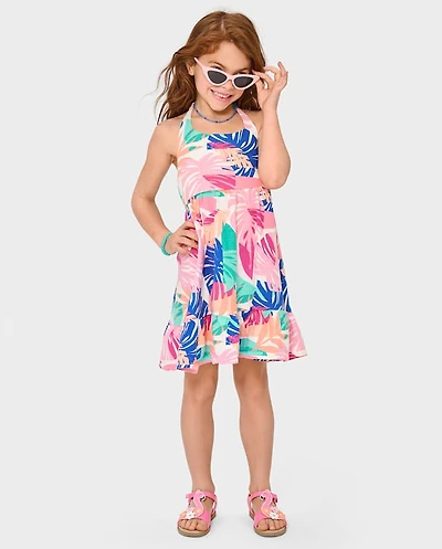 Girls Palm Linen-Blend Halter Dress - Seaside Palms