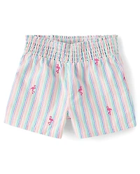 Girls Embroidered Flamingo Seersucker Pull On Shorts - Seaside Palms