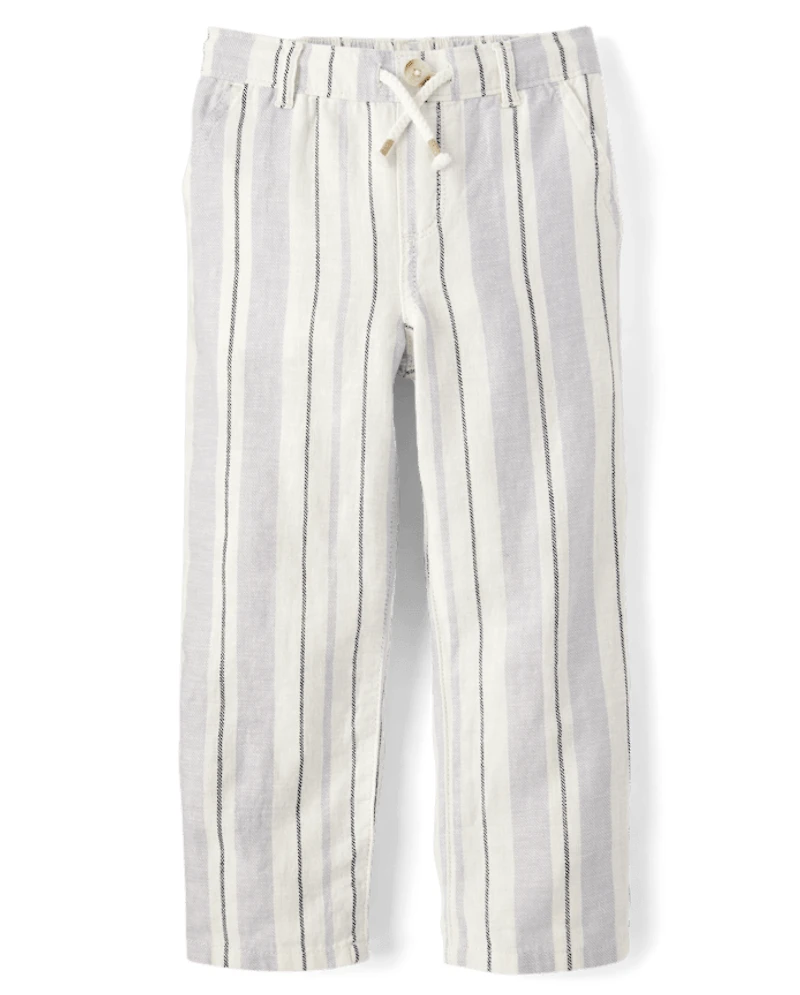Kids Striped Roll Cuff Linen-Blend Pull On Pants