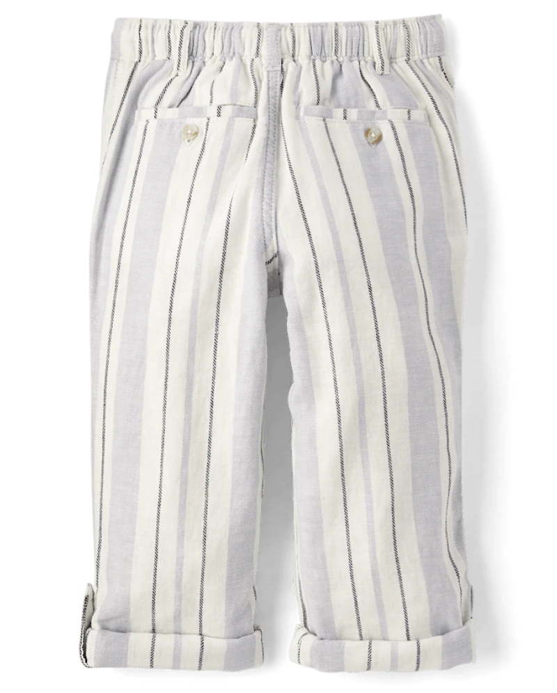 Kids Striped Roll Cuff Linen-Blend Pull On Pants