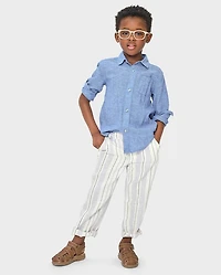 Kids Striped Roll Cuff Linen-Blend Pull On Pants
