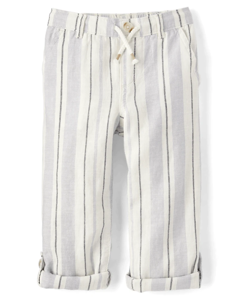 Kids Striped Roll Cuff Linen-Blend Pull On Pants