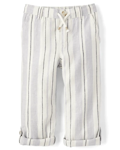 Kids Striped Roll Cuff Linen-Blend Pull On Pants