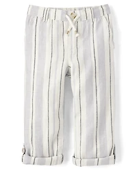 Kids Striped Roll Cuff Linen-Blend Pull On Pants