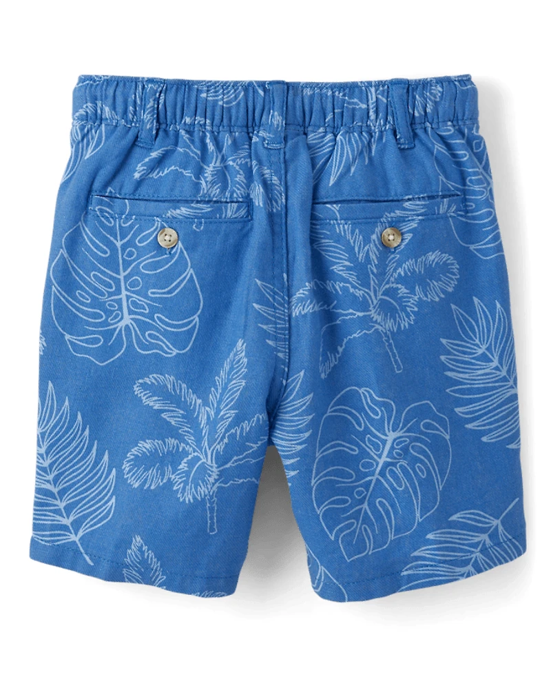 Kids Tropical Leaf Linen-Blend Pull-On Shorts