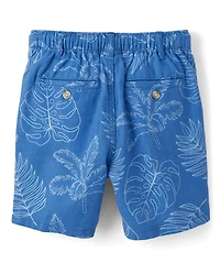 Kids Tropical Leaf Linen-Blend Pull-On Shorts