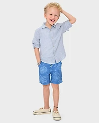 Kids Tropical Leaf Linen-Blend Pull-On Shorts